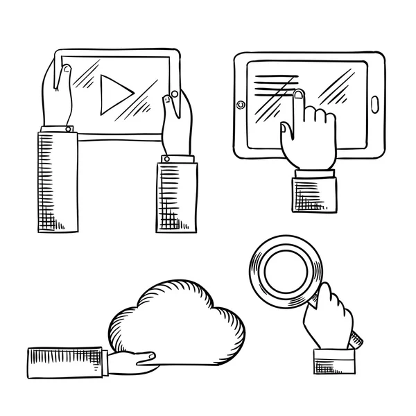 Hands icons with tablets, cloud, magnifying glass — 스톡 벡터