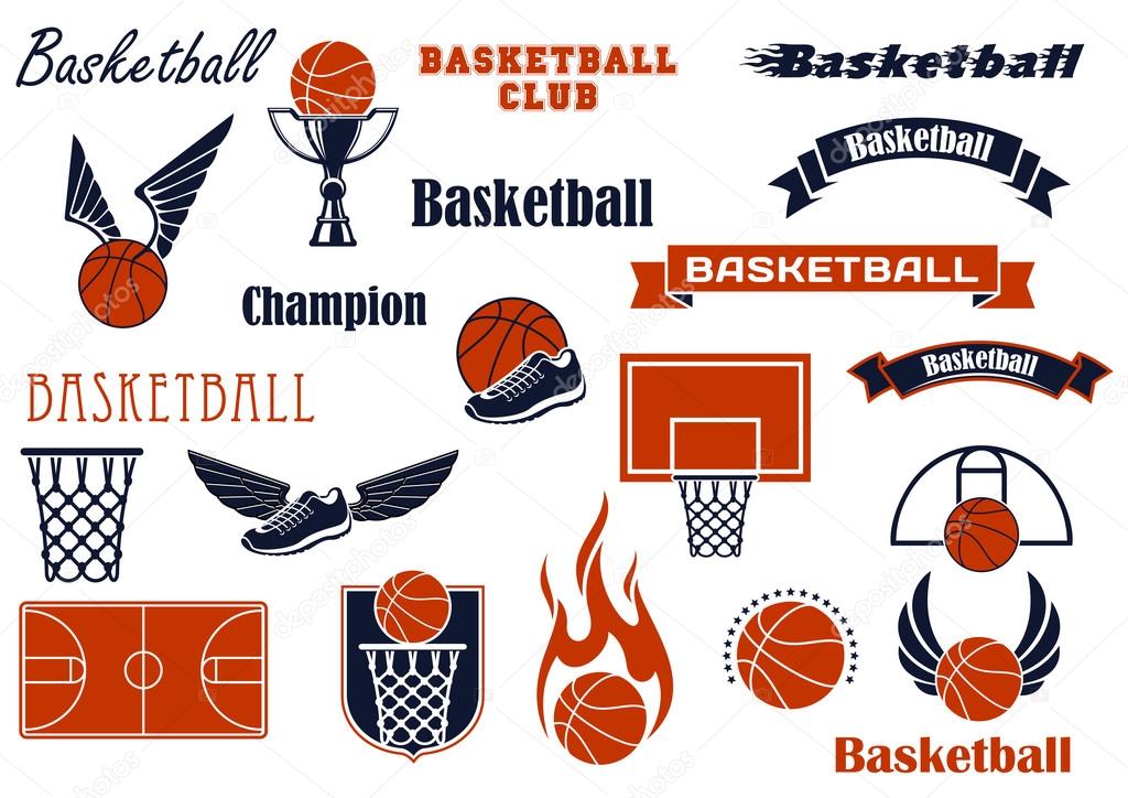 Basketball sport game and competition symbols for sport emblems or badges design with balls and shoes, wings, flames and stars, baskets, backboards, courts and ribbon banners