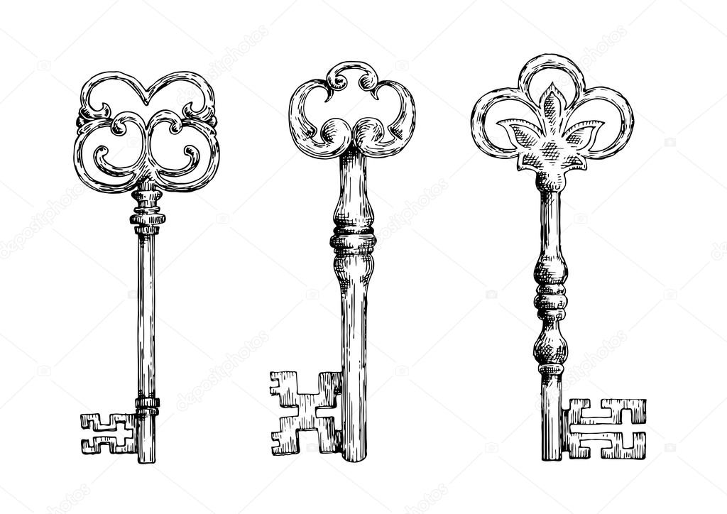 Isolated medieval victorian forged keys sketches