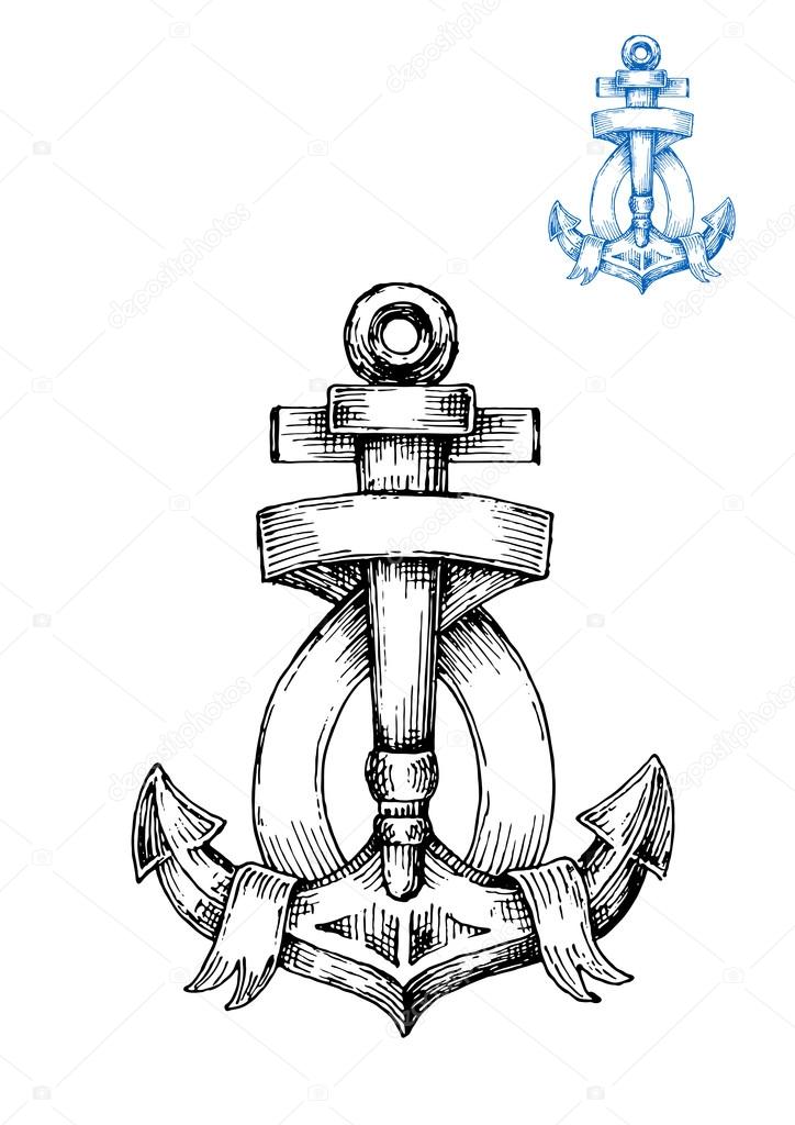 Retro anchor sketch with ribbon