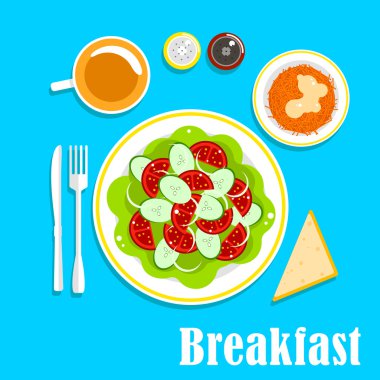 Vegetarian breakfast with salads and tea