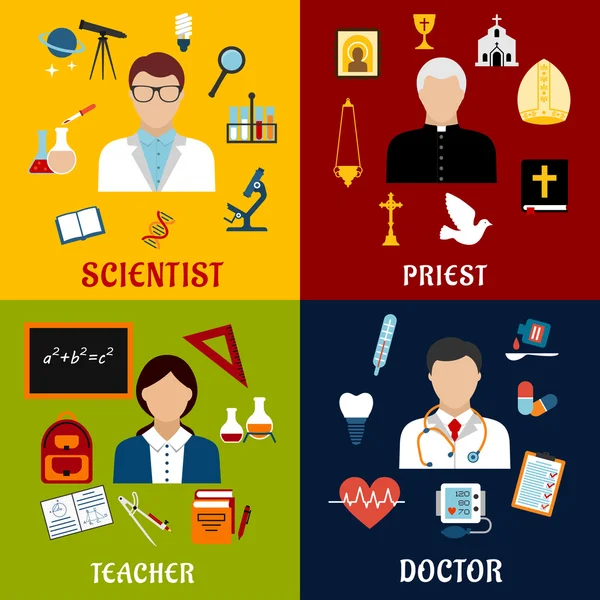 Scientist, teacher, doctor and priest professions — Stock Vector