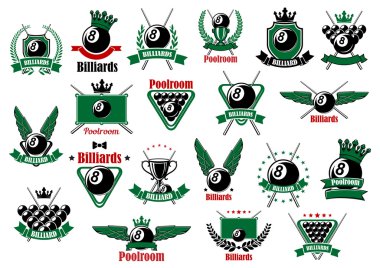 Billiards, pool and snooker sport icons