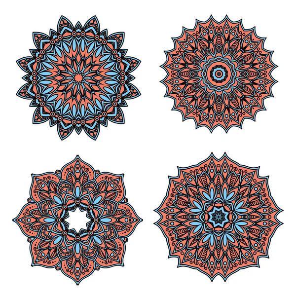 Motifs floraux circulaires avec des fleurs rouges et bleues — Image vectorielle