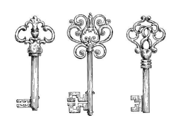 Sketches of vintage keys with forged elements — Stok Vektör