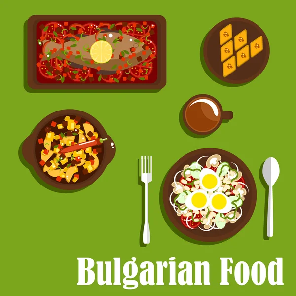 Masakan tradisional Bulgaria hidangan dan minuman - Stok Vektor