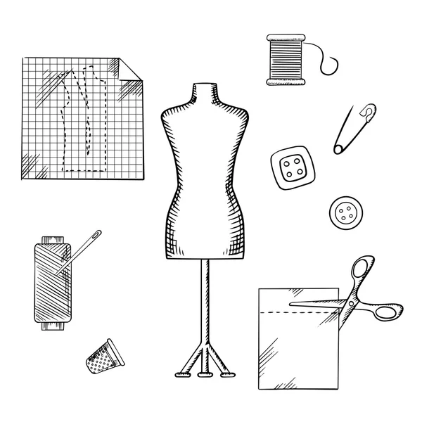 Tailoring or sewing sketched icons and objects — Stok Vektör