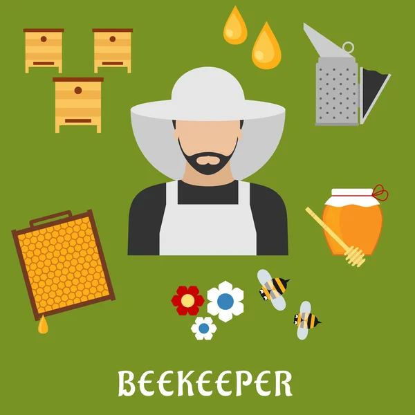 Beekeeper profession and beekeeping flat icons — Stock Vector