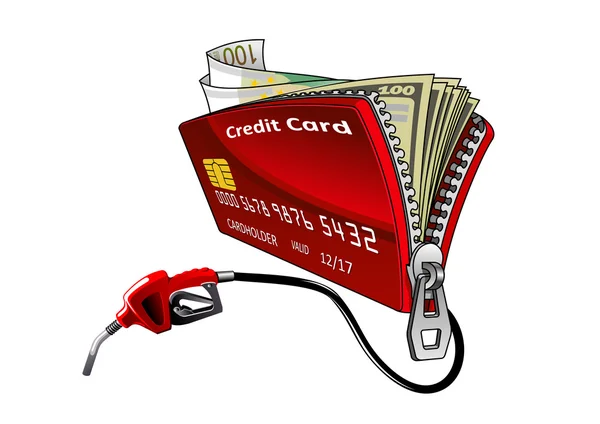 Cartão de crédito com bico de bomba e dinheiro — Vetor de Stock