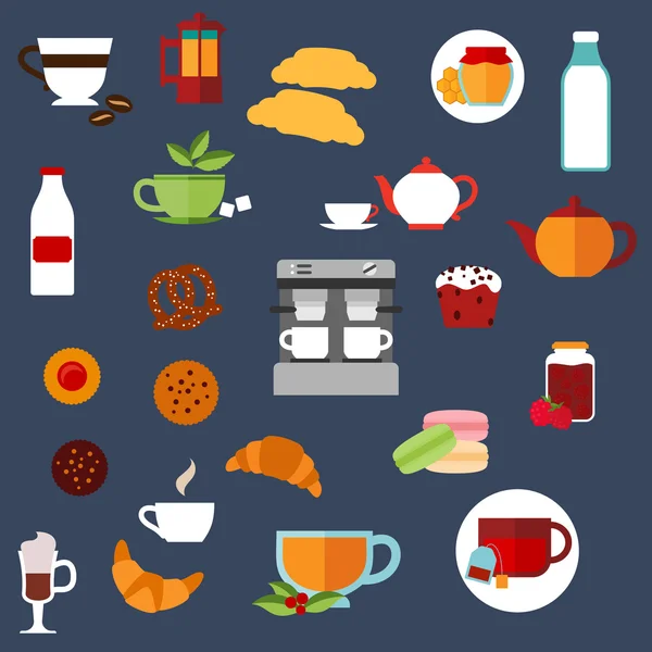 Desayuno comida y bebidas menú iconos planos — Vector de stock