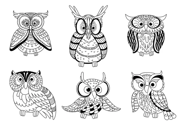 Cartoon cute outline owls and owlets birds — Stock Vector