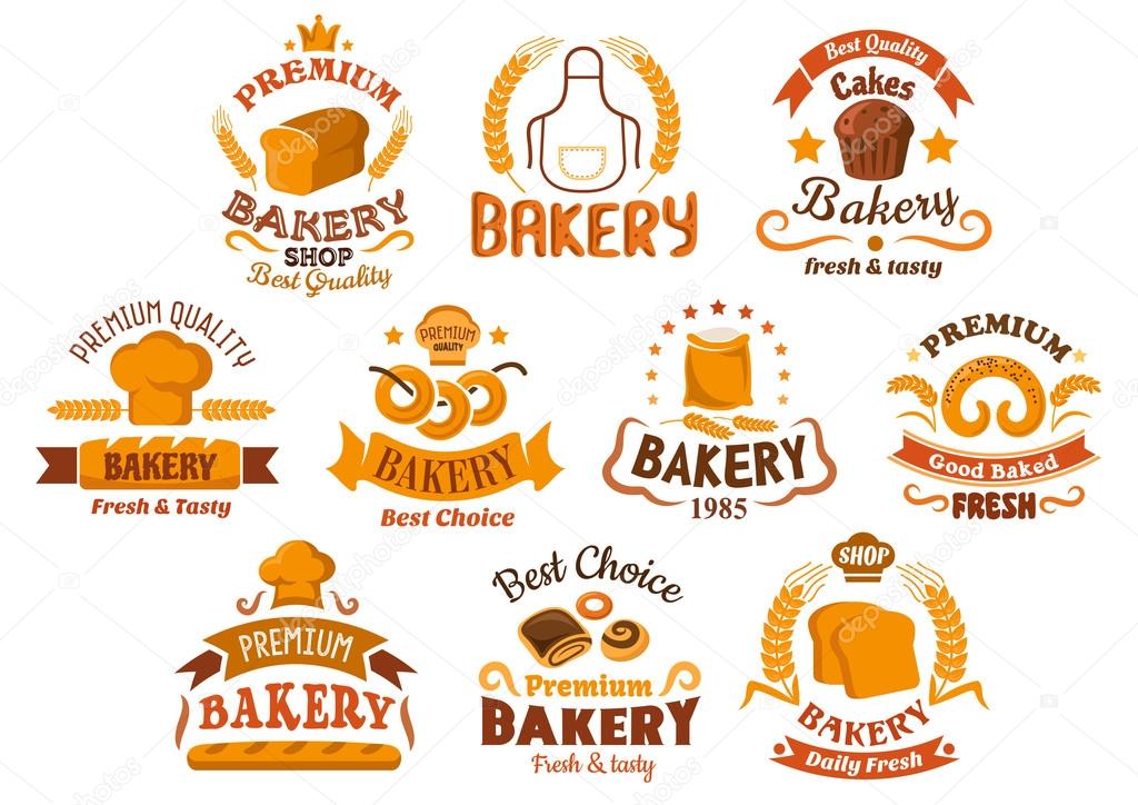 Bakery shop icons and signboards with toast and long loaf bread, sweet buns, cake and bagels, flour bag, baker hat and apron. With wheat ears, ribbon banners and crowns, cereal elements and stars