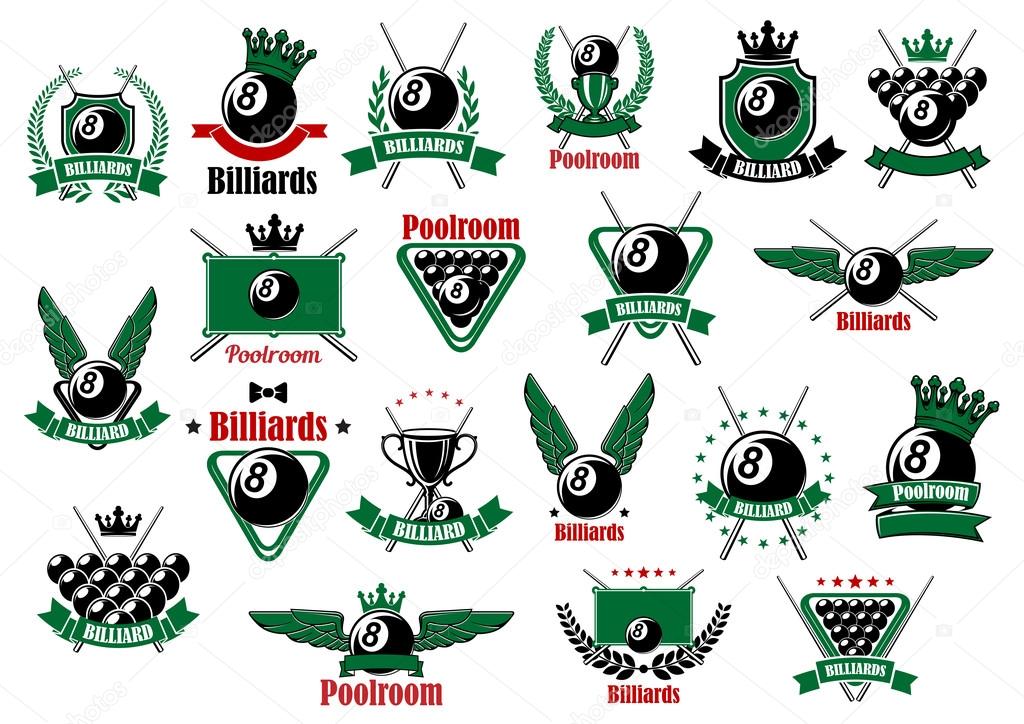 Billiards, pool and snooker sport icons for poolroom emblems design with balls, cues, tables, winged and crowned black balls, trophy cups, medieval shields, wreaths, ribbon banners and stars