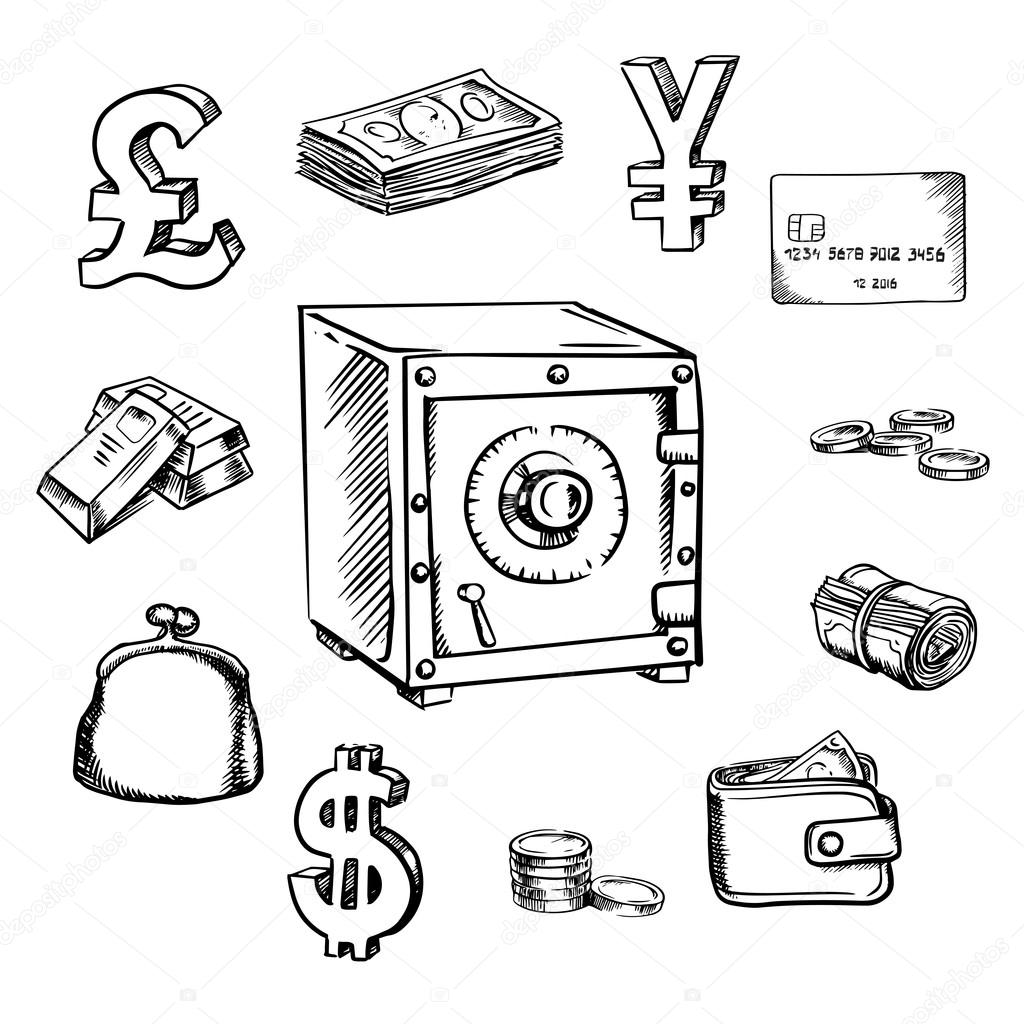 Money, currency and finance sketch icons