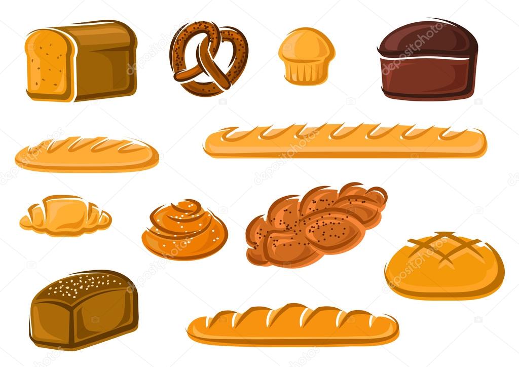 Healthy natural whole grain, wheat and rye loaves of bread, french baguette and croissant, sweet cake, cinnamon and plaited buns, bavarian pretzel. Bakery and pastry products. Vector