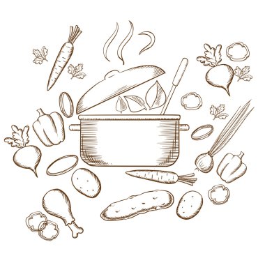 Preparing vegetable soup sketch design