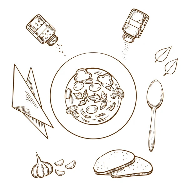 Sketch of hot soup with bread and condiments — Stockvector