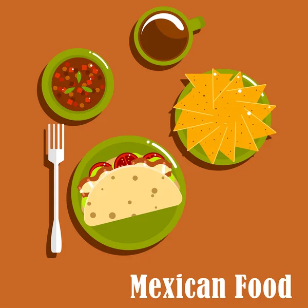 Almuerzo mexicano con tacos y nachos — Vector de stock