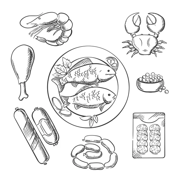 Fruits de mer et viande icônes esquissées — Image vectorielle