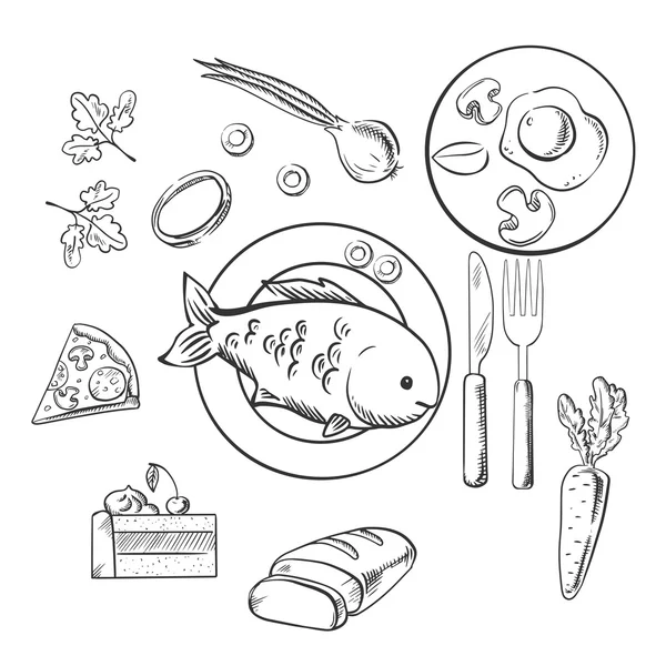 Comida fresca para la cena con iconos vectoriales de bocetos — Vector de stock