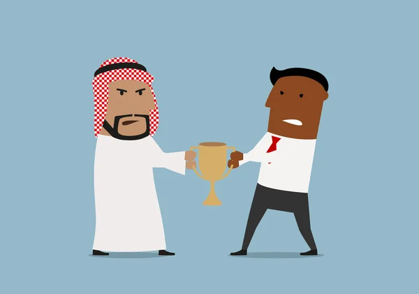 Arabian and black businessmen fighting for trophy — Stock Vector