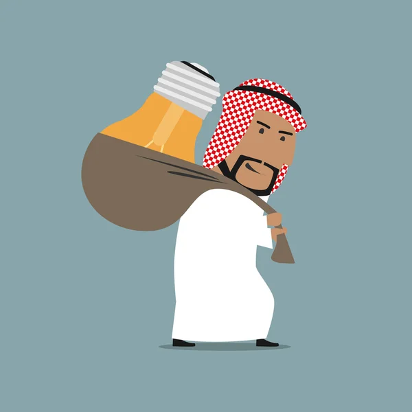 Hombre de negocios árabe cansado llevando una idea pesada — Vector de stock