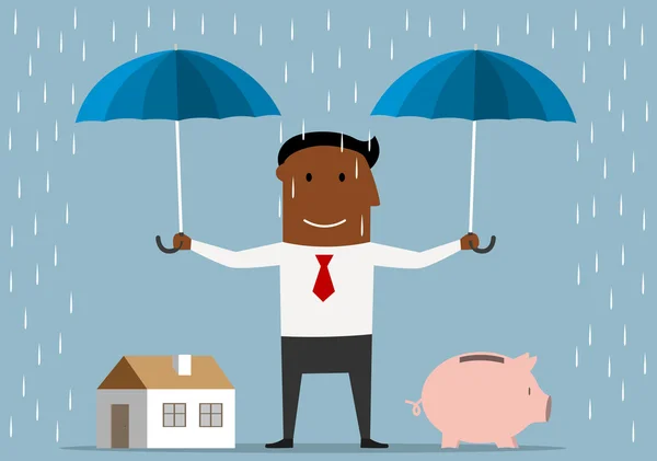 Empresário protegendo casa e porquinho banco —  Vetores de Stock