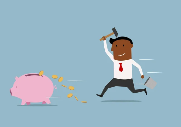 Fast businessman trying to smash a piggy bank — Stockvector