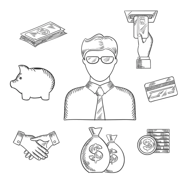 Banker and financial sketched icons — Stockový vektor