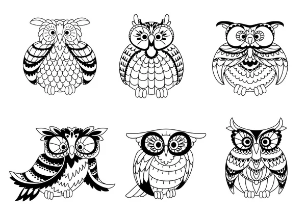 Black and white owls outline silhouettes — Stock Vector