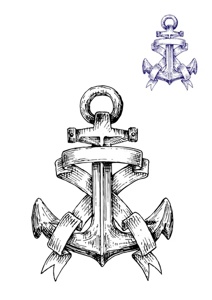 Vintage heraldic sketched anchor with ribbons — Stockový vektor
