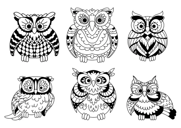 Cartoon colorless great horned owls birds — Stock Vector