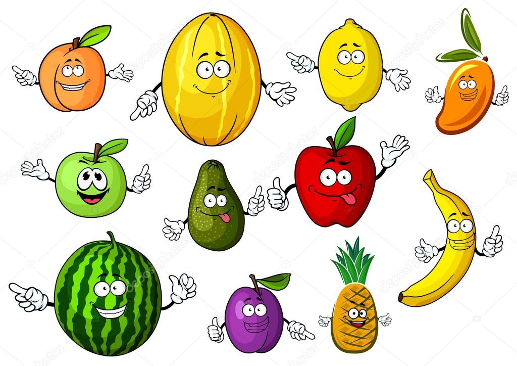 Cartoon funny garden and tropical fruits
