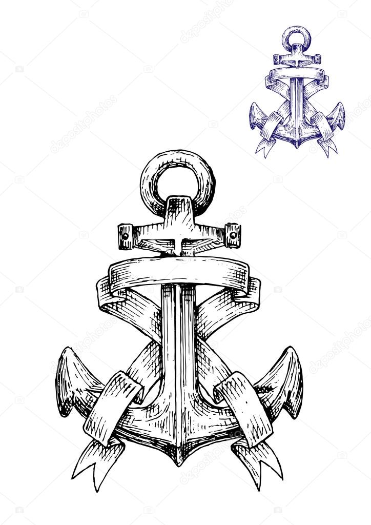 Vintage heraldic sketched anchor with ribbons