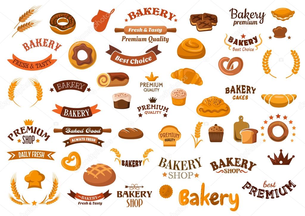 Bakery shop design elements with cupcakes, rye and wheat bread, buns, rolls, donut, croissant, pies, pretzel, cookies and decorative cereal ears, ribbon banners, baker hats, crowns, stars and headers