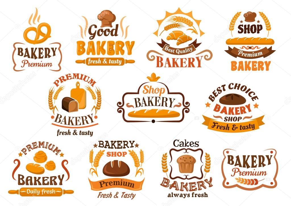Wheat and rye bread, pastry and bakery shop signboards, icons and emblems design. Decorated by cartouches, ribbon banners, cereal ears, chef hats, sun rays, stars and swirls
