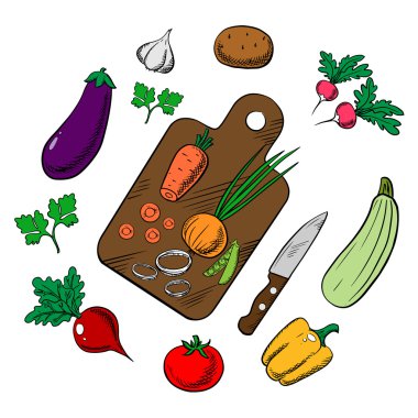 Cooking a vegetable salad, colorful sketch