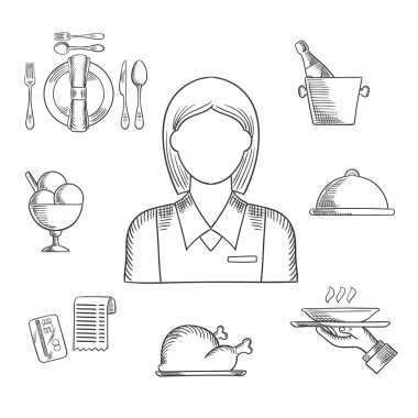 Hand drawn waitress and restaurant items