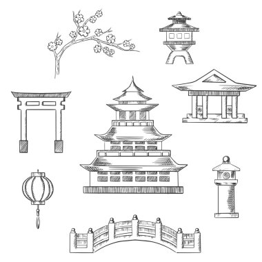 Japan travel icons in sketch style