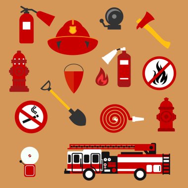 Fire safety, firefighter and protection flat icons