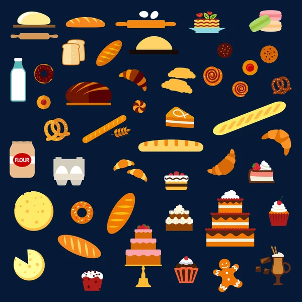Iconos planos de panadería, pastelería y confitería — Vector de stock