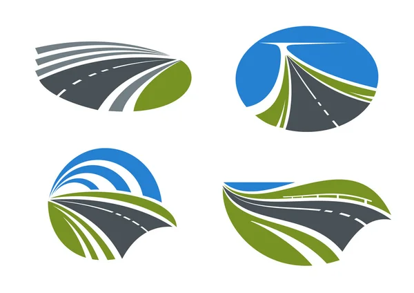 Carreteras e iconos de carreteras con paisajes naturales — Vector de stock