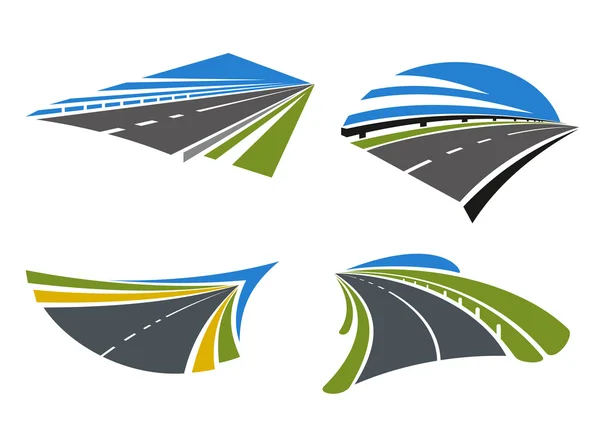 Carreteras e iconos de carreteras con paisaje — Vector de stock