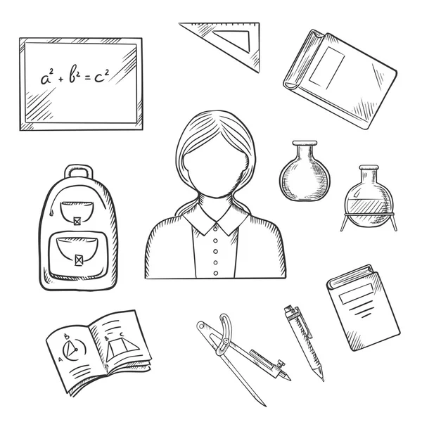 School teacher with education sketch icons — Stockvector
