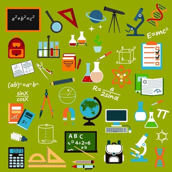 Materiale scolastico e set di icone piatte per l'istruzione — Vettoriale Stock
