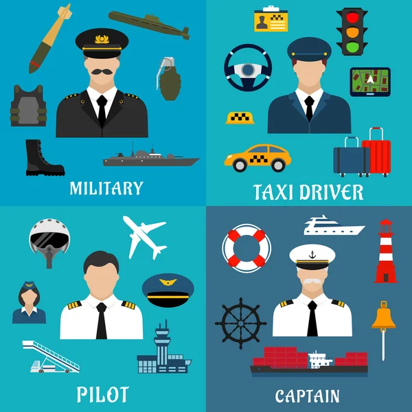 Iconos militares, capitanes, pilotos y taxistas — Vector de stock