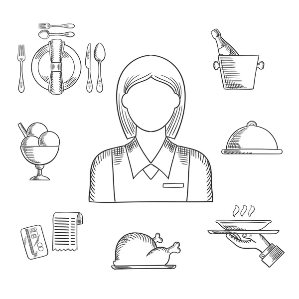 Hand drawn waitress and restaurant items — 스톡 벡터