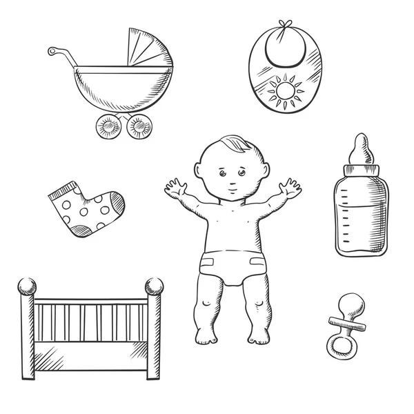 Desenho de esboço de bebê com brinquedos e objetos — Vetor de Stock