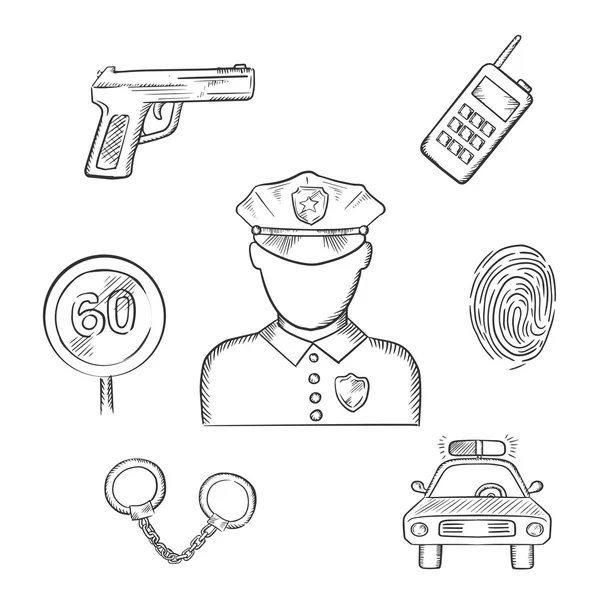Policía en uniforme con iconos policiales esbozados — Archivo Imágenes Vectoriales