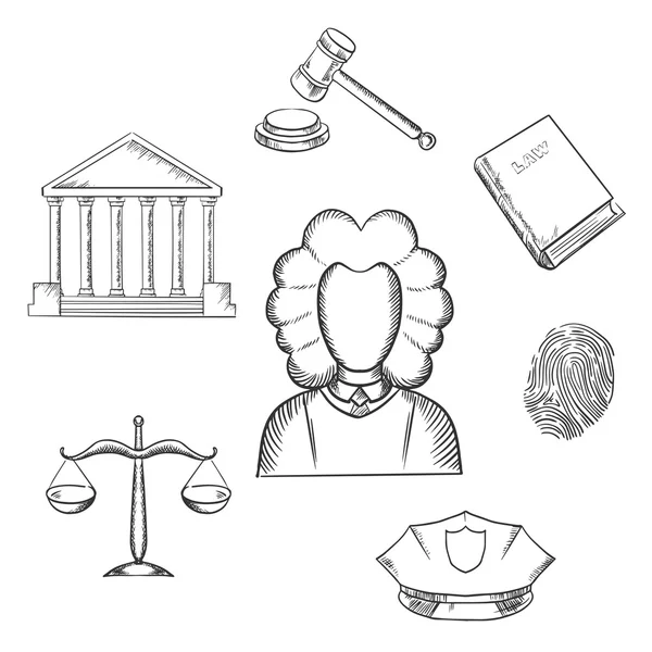Recht, Richter und Gerechtigkeit skizzierte Symbole — Stockvektor
